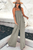 Women Jumpsuit Square Collar Suspenders Sleeveless Backless Nipped Waist Loose Wide Legs Casual Pants Romper High