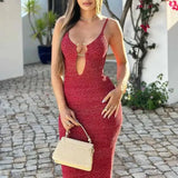 Red Knit Cut Out Strappy Hook Midi Dress- Outfit