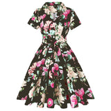 Print Black Pinup Women Cotton Midi Flare Dresses Short Sleeve Knee-Length Floral Print Sundress 50s Swing Party Retro