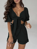 Sexy Lace-up Tops And Shorts Outfits Women Fashion Solid Two Piece Sets 2022 Spring Summer Casual Loose Suits For