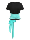 Out Surplice Bowknot T Shirt and Floral Lace Overlay High Low Skirt Outfit Two Piece Outfit Bicolor Tee Dip Hem