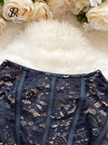 Fashion Strapless Party Dress American Cross up Bandage Bodycon Design Women Slim Sleeveless Sheer Lace Sexy