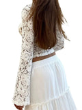 Women Lace Floral Hollow Out Cropped T-shirts Tops Long Flare Sleeve V-neck Slim Fit Solid Tees Shirts Clubwear