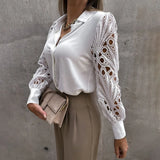 Casual Lace Patchwork Shirt Top For Women Spring Long Sleeve White Shirts Woman Elegant Hollow Out Button Blouses