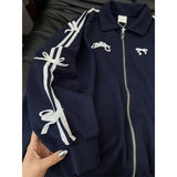 Blue Bow Stripe Zipper TrackJackets- Outfit