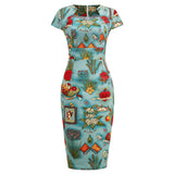Vintage 50s Party Dress Women Short Sleeve Office OL Midi Dress Summer Vestidos Floral Print Rode De Cocktail Bodycon