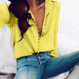 Casual Solid Color ladies office Tops Sexy Buttons Long sleeve Blouse new Spring Women Chiffon white