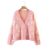 Winter Elegant Knitted Cardigan Kawaii Preppy Style Women Daisy Jacquard V Neck Loose Sweater Pull Femme Casual Coat