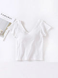 Women Shirts Cotton Short Sleeves with Bra Pads and Cups Home Sports T-Shirt Women V Neck Summer Comfortable Tops