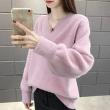 Mink Velvet V-neck Knitted Sweater Women Loose Here Simple Commuter Fashion Stretch Bottoming Sweater Pullover Femal