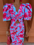 Women's Floral Print Cut Out Midi Dress Elegant Puff Short Sleeve V Neck Split Slim Vestido New Female Summer Party