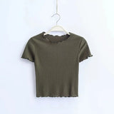 Wood ears O neck Short sleeve T-shirt 2021 New Woman Slim Fit t shirt tight tee Summer Retro Tops 6