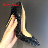 Black Rivet Patent leather Shoes Women Pumps Sexy Pointed Toe 12cm High Heels Wedding Colored Studded Heels MD031