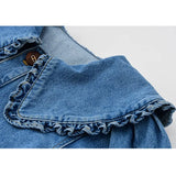 Denim Dress Vintage Doll Collar Button Puff Short Sleeve High Waist Casual Fashion Baggy Short Skirt Ladies