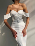 Women Off The Shoulder Long Dresses With Belt Elegant Bodycon Summer Sexy Fashion Party Prom Midi Calf Female