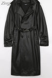 Spring Autumn Long Faux Leather Trench Coat for Women Belt Double Breasted Luxury Elegant Fashion