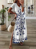 Summer Beach Sundress Robe Female Casual Vintage Printed Loose Beach Long Dress Women Hollow Out Short Sleeve