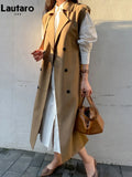 Spring Autumn Long Khaki Sleeveless Trench Coat for Women with Belt Double Breasted Loose Casual Vest 2023 New
