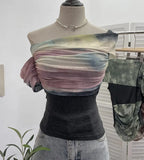 Real Shooting Can Wear Two-Wear Art Dizzy Net Yarn Spliced A Word Shoulder T-Shirt To Repair The Chest Short Babes Top