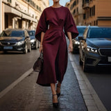 Women's Fashion Temperament Elegant Solid Color Waist Dress Casual Bat Sleeve