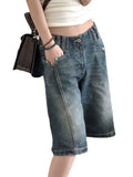 Zingj Vibe Retro Wash Do Old Denim Shorts Female High Street Popular Logo Design Sense Loose Straight Five Cent Medium