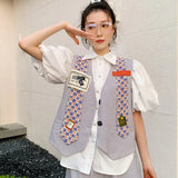 England Style Vest With Necktie Patch Vest Top 2021 Fashion Women Grey Waistcoat Summer Jackets Kawaii Button Up