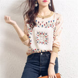 2025 New Print Satin Knit Long Sleeve Splicing Women's Overtop Thin Casual Elastic