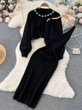 Winter Women Knitted Sets Fashion Breading Long Sleeve Pearl Sweater+Knitted Camis Dress Sets Fashion Sweater