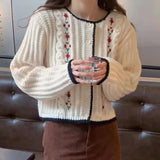 Zingj Gentle Wind Heavy Industry Design Sense Small Autumn And Winter Three-Dimensional Embroidery Flower Contrast Color Edge Single-Breasted Sweater Cardigan-Outfit