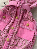 France Senior Vintage Dress Women Square Collar Short Sleeves Belt Pockets Embroidery High Quality Elegant Party