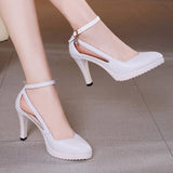Lady Pumps Pointed Toe Office Lady Pumps Buckle Strap Platform High Heels Women Shoes Four Season Leather