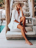 Hollow Out Deep V-neck Turn Down Collar Long Sleeve Mini Dress White Cotton Tunic Women Plus Size Summer Beach Dress