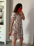 Print Square Neck Puff Sleeve Pleated Hem Dress Summer Backless A-line Casual Dress Women Short Dress Floral