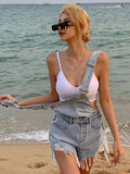 Women Slim Tassels Hole Denim Overalls Shorts Fashion Casual Summer High Waist Solid Color Jeans