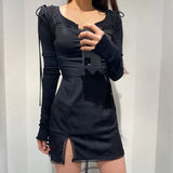Patchwork Lace Sexy Mini Dress Black Sleeveless Bodycon Dress Women Ruched Tie Up Split Spaghetti Strap Dress
