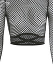 Fashion black long sleeve t shirt women mesh top crop tee see-through sexy lace up casual summer t-shirts 2023