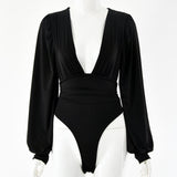 Bodysuit Sexy Black Deep V Neck Puff Sleeve Bodycon Jumpsuit Elastic Casual Party Winter Bodysuits Body Tops