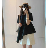 Folding Top Short Top Design Women's Niche Summer Asymmetrical Loose Large-Size Round Collar T Shirt Short
