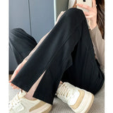 Zingj Wide Leg Pants Female Gray Autumn Splicing Loose Small High Waist Hanging Feeling Straight Tube Casual Sports Pants-Outfit