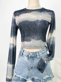Zingj Layer Opaque Ice Screen Gauze Short Jacket Female Ink Dizzy Dye Bottom Shirt Spring And Summer Slim Suntan T-Shirt