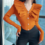 V Neck Sweater Cardigan Women Full Sleeve High Stretch Knit Sweaters Shirts For Slim Girls Autumn