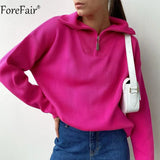 2021 Green Zip Pullovers Loose Long Sleeve V Neck Casual White Solid Women Oversized Jumper Knitted Tops Winter