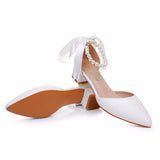 Cm Low Heel Tip Hollow Sandals Coarse Heel Beaded Women's Shoes White Mute PU Wedding Banquet Bridal