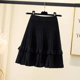 Knit Solid Elastic High Waist Ruffles Pleated Midi Skirt- Outfit