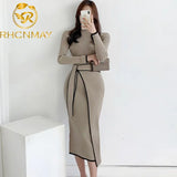 Dress With Belt Vintage Patchwork Slim Knitted Midi Dresses Women Autumn Winter Elegant Sweater Knit Dress 2021