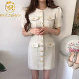 2021 Chic Autumn High Quality Women Fashion Summer Elegant Ladies Single Breasted Temperament Tweed Puff Short Sleeve