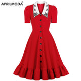 Tunic Midi Slim Shirt Dress Women Retro Vintage Club Party Turn-Down Collar Button Short Sundress Elegant Red 50s