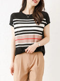 T Shirt Summer Fashion New Patchwork Striped Casual Knitting Tops Female O Neck Short Sleeve Loose Thin Tee Shirts