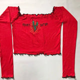 Gothic Off Shoulder T-shirts Solid Embroidery Front Long Sleeve Ruffle Hem Crop Tops Fashion Spring E girl Tees