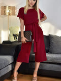 Summer Fashion Short-sleeved Women's Jumpsuit with Waist Button Cropped Trousers Temperament Commuter Office Women's